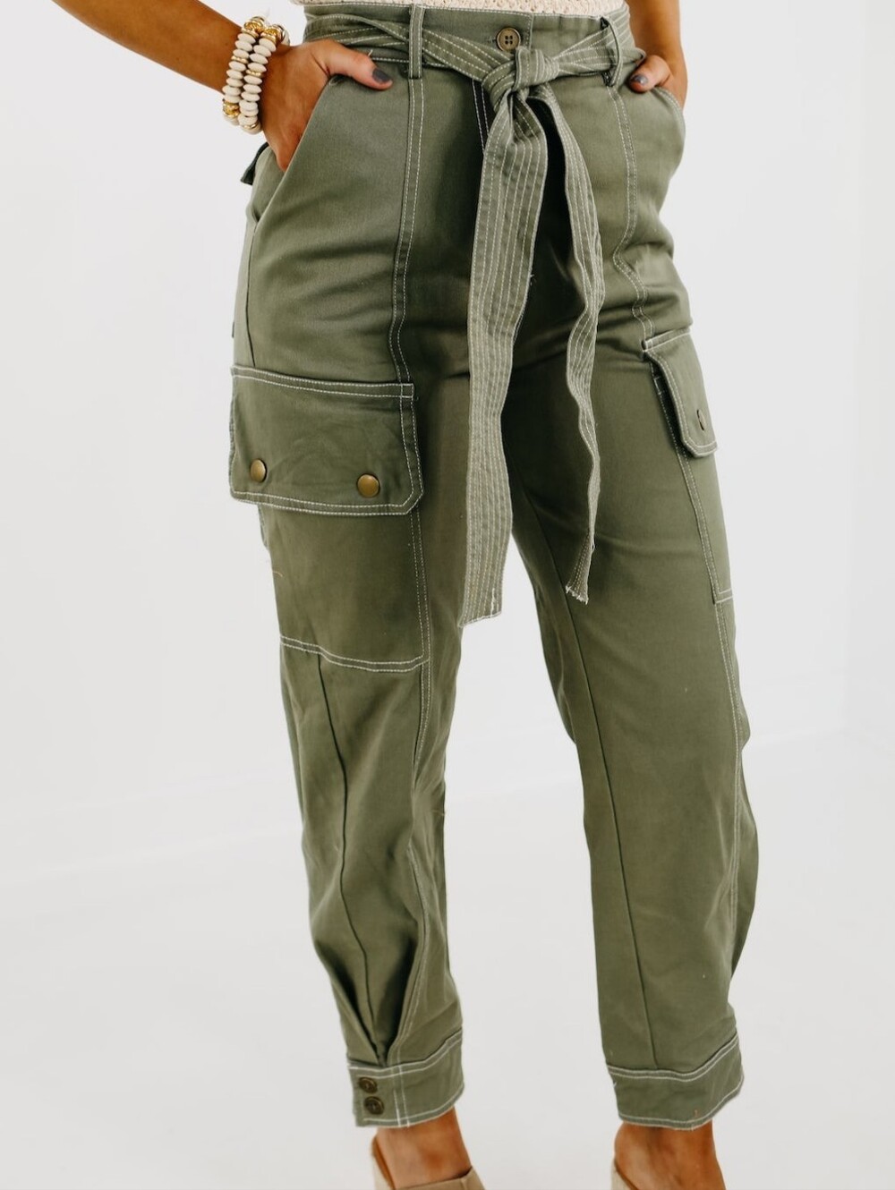 Moon River Olive Green Belted Cargo Pants Contrast Stitch High Rise Size S